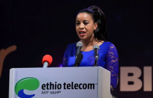 FILE PHOTO: Ethio-Telecom Chief Executive Officer, Frehiwot Tamiru addresses delegates during the launch of a mobile phone-based financial service named Telebirr mobile money service, in Addis Ababa